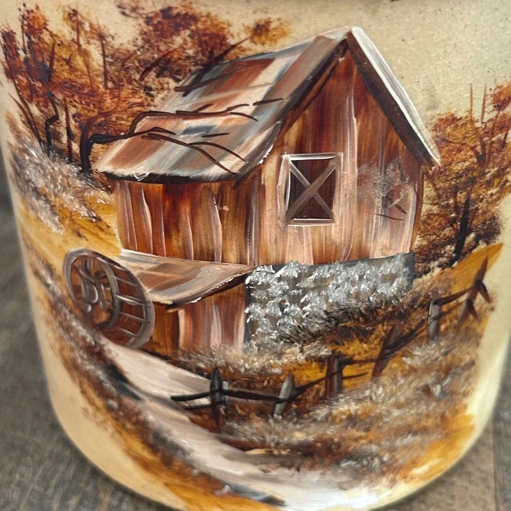 Vintage RRP Co Roseville Ohio Stoneware Canister with Wood Lid Water Mill Barn